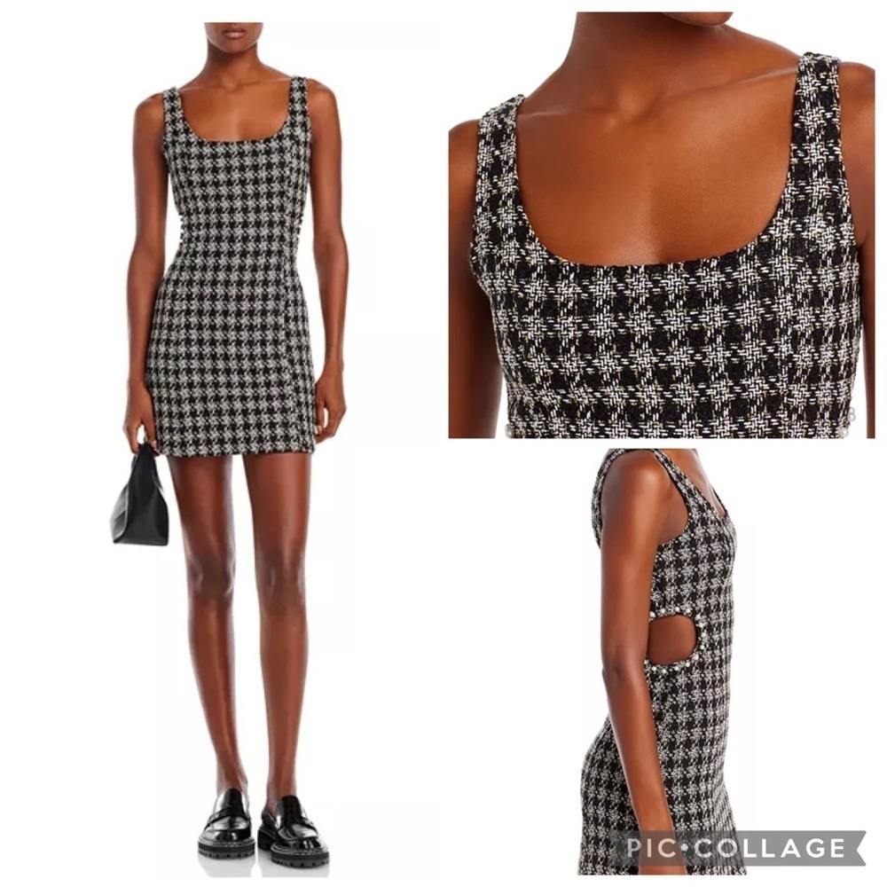 Bloomingdale’s Aqua Black and White Tweed w/Pearl Cutout Mini Dress Size M